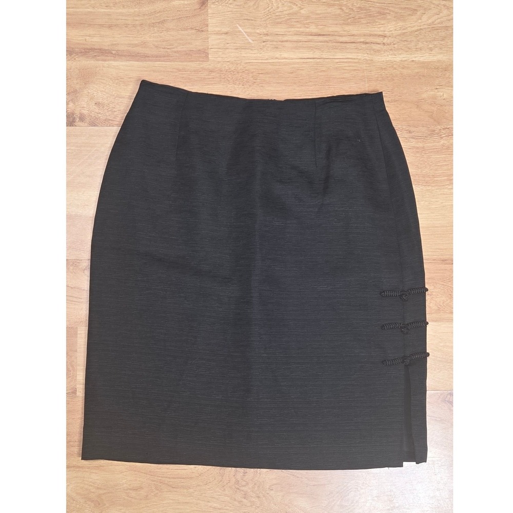 Vera Cristina Black Silk Linen Blend Pencil Skirt Frog Closures Size 8